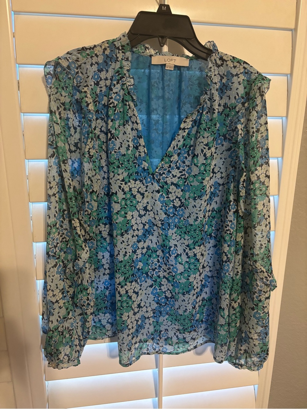 LOFT Blue Green Floral V-Neck Sheer Blouse